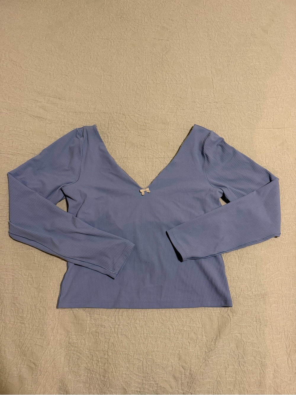 aerie Ribbed Long-Sleeve V-Neck Top in Light Lavender